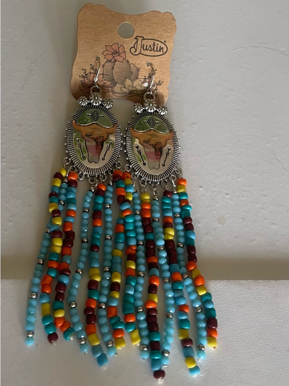 Justin Boots Multi-Color Beaded Fringe Earrings with Silver-Tone Medallions